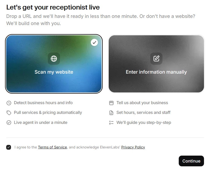 Screenshot of the Reception setup wizard offering to scan a website or enter information manually, with the scan option selected and the terms box checked