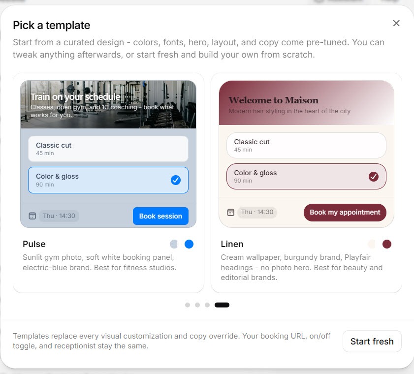 Screenshot of the Reception.ai booking page template picker with several color and layout options