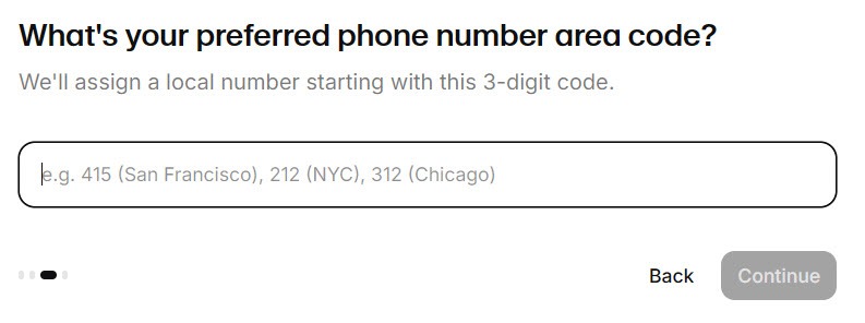 Screenshot of the Reception setup wizard asking for a preferred area code for the new phone number