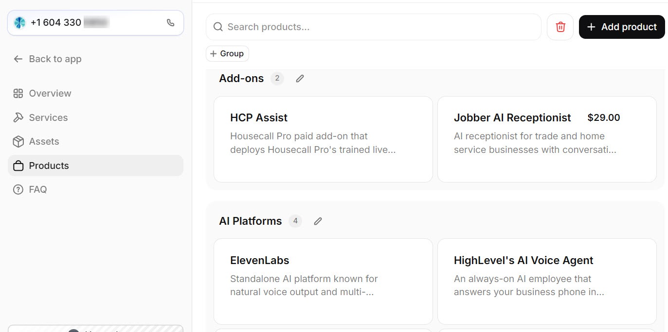 Screenshot of the Reception.ai Products page listing products found by the website scan