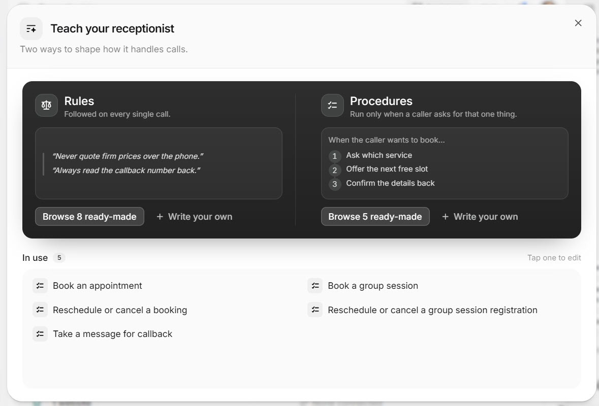Screenshot of the Reception.ai Teach your receptionist window with a Rules card offering 8 ready-made rules and a Procedures card offering 5 ready-made procedures