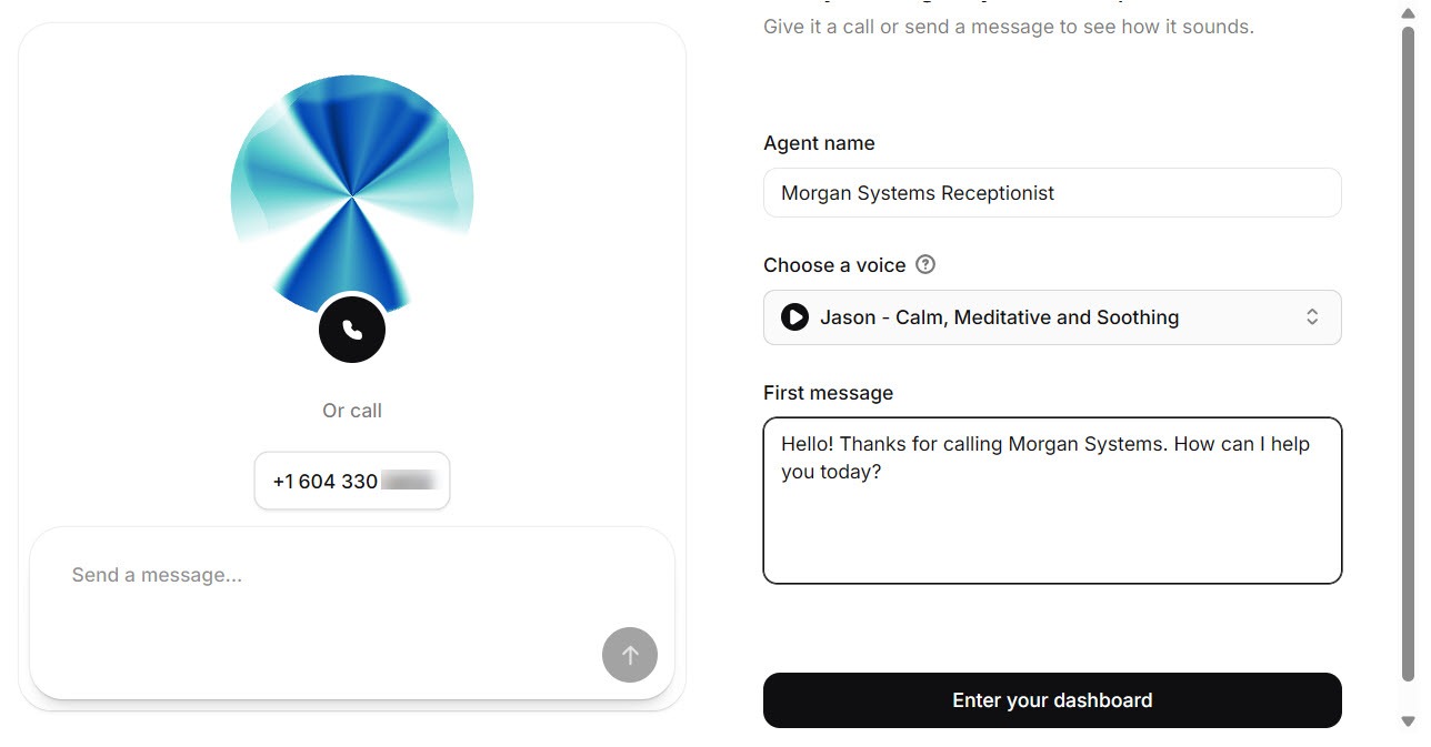 Screenshot of the Reception.ai test page after the website scan, with the new phone number, a voice, a first message written from the scan, and a text chat test panel