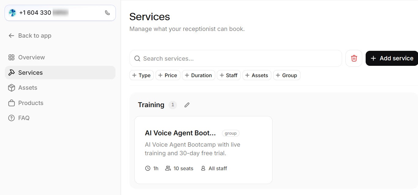 Screenshot of the Reception.ai Services page with the one service detected by the website scan and an Add service button