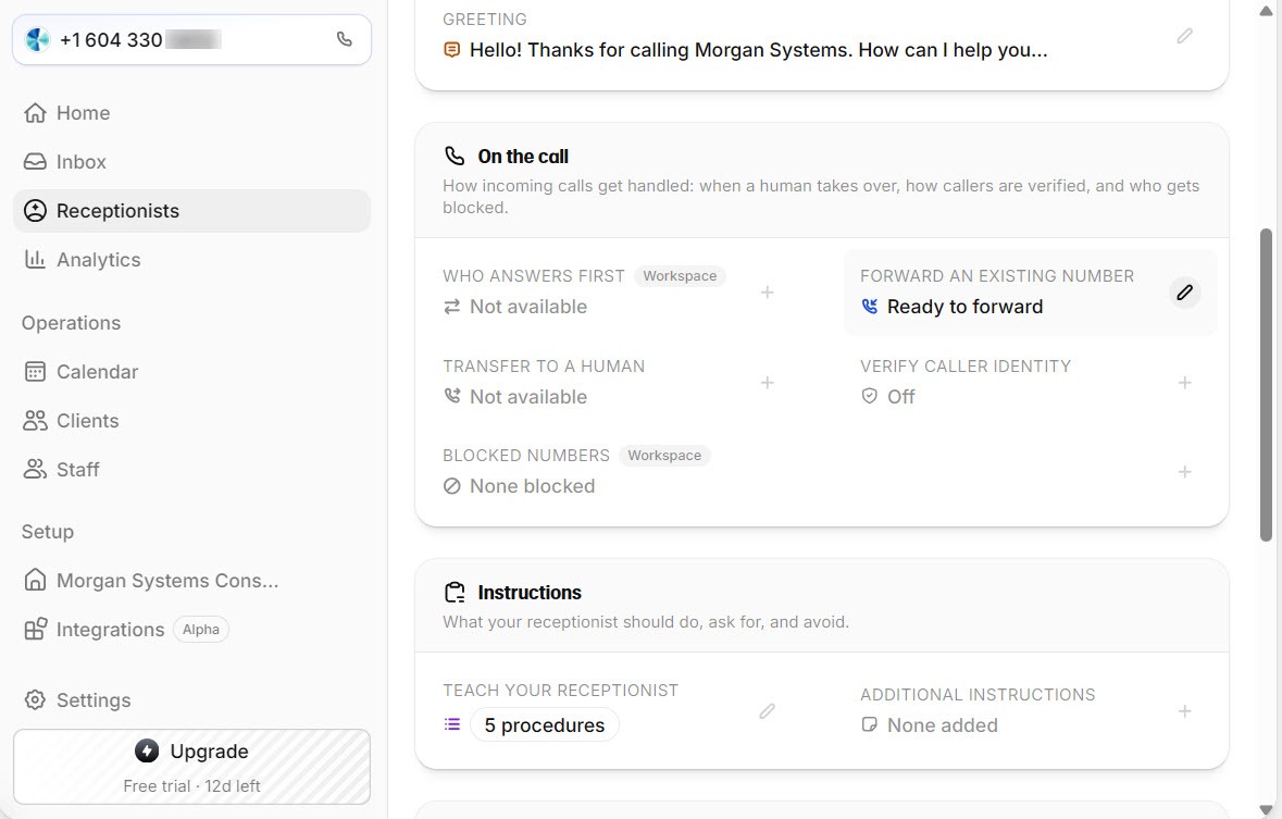 Screenshot of the Reception receptionist settings showing the greeting, the On the call card with who answers first and transfer to a human, and the Instructions card with five procedures