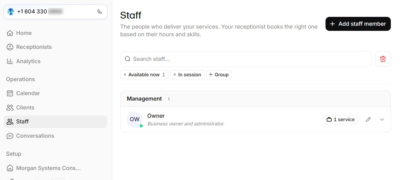 Screenshot of the Reception.ai Staff page where staff members can be added and removed