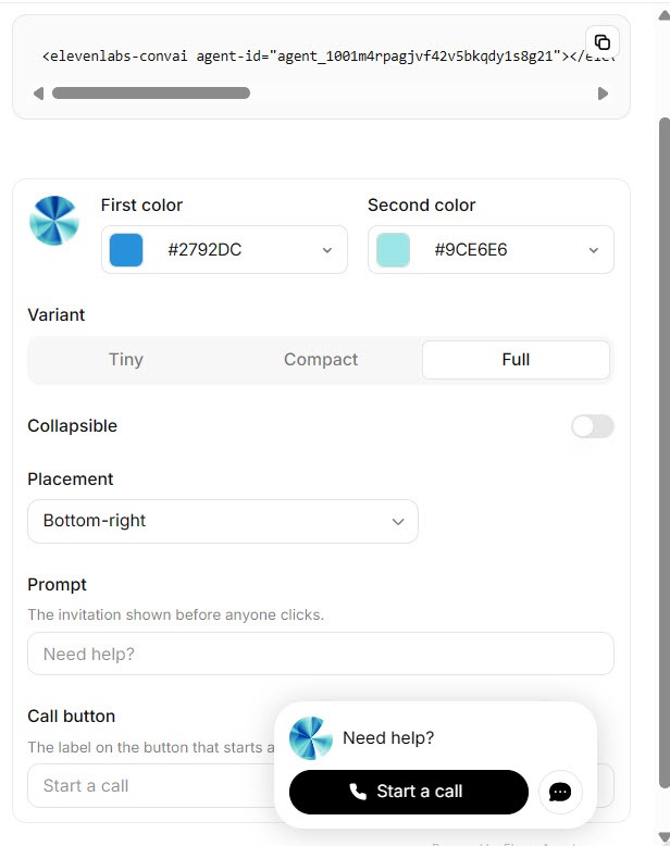 Screenshot of the Reception.ai web widget settings with appearance options and the embed code to add to a website