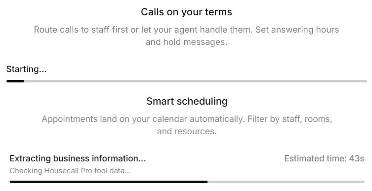 Screenshot of the Reception website scan in progress, showing two stages of the scan with progress bars